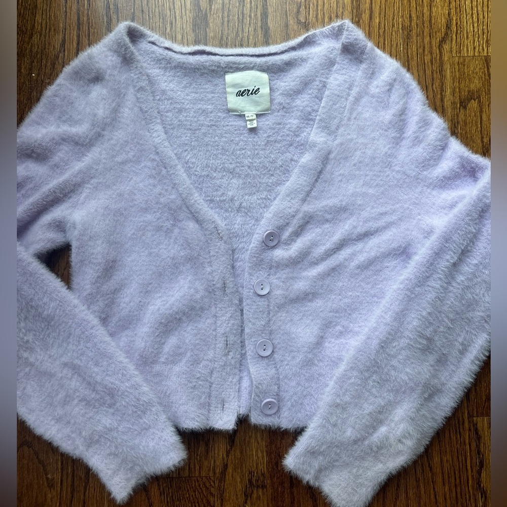 Aerie purple fuzzy button up cardigan